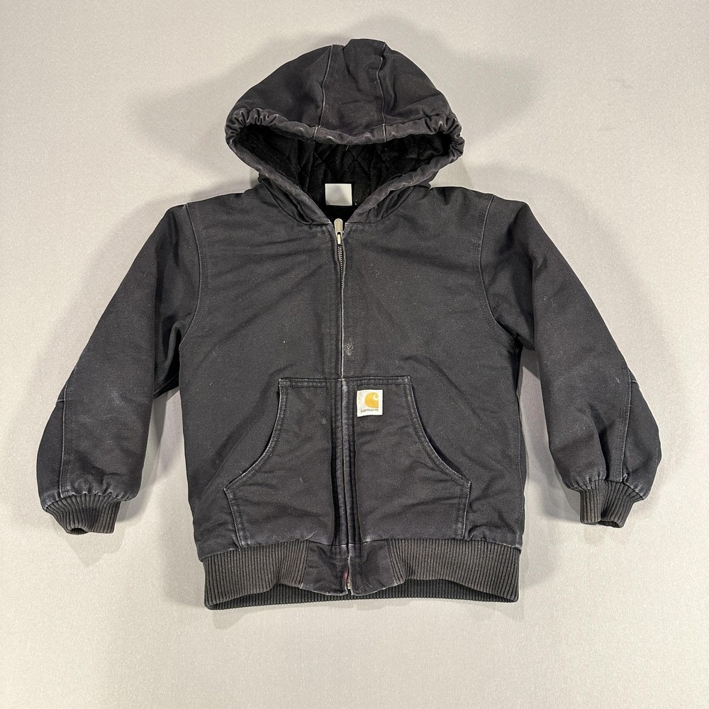 Carhartt Jacket Youth Small 7/8 Black Canvas Hooded Bomber Insulated Workwear